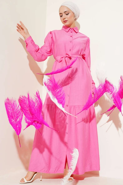 Boydan Düğmeli Volanlı Elbise Pembe ürün görseli 1