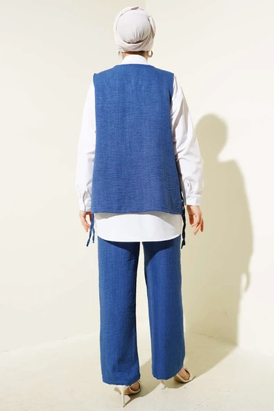 Yan İpli Yelekli Üçlü Takım Mavi - Resim 3