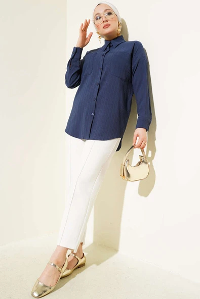 Kabartma Çizgili Göğüs Cepli Gömlek Lacivert - Resim 2