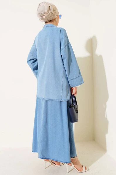 İp Bağlamalı Etekli Kot İkili Takım Açık Kot - Resim 3