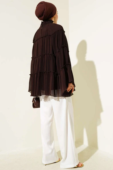 Pliseli Kat Kat Salaş Tunik Kahve - Resim 3