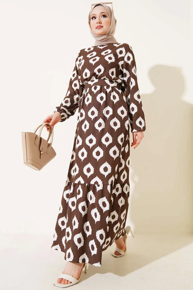 Halka Desen Kuşaklı Bürümcük Elbise Kahve ürün görseli 1