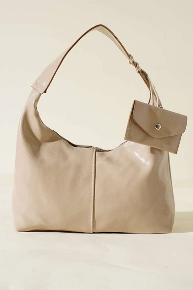 Bozuk Para Cüzdanlı Rugan Çanta Bej - Resim 2