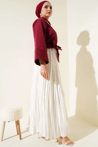 Düğmeli Yan Bağlamalı Kısa Gömlek Bordo - Resim 3