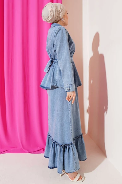 Tek Cepli Kuşaklı Kot Jile Takım Kot Mavisi - Resim 3