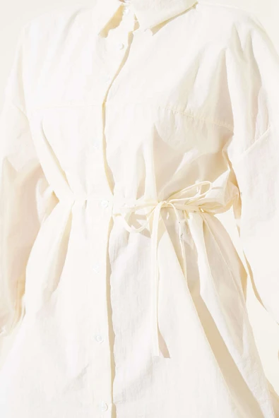 Robalı Balon Kol Kuşaklı Gömlek Krem - Resim 4