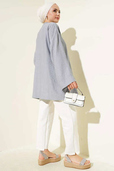 Yandan Çift İp Bağlamalı Kimono Gri - Resim 3