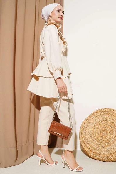 Fırfırlı İp Kuşaklı Tunik İkili Takım Taş - Resim 3