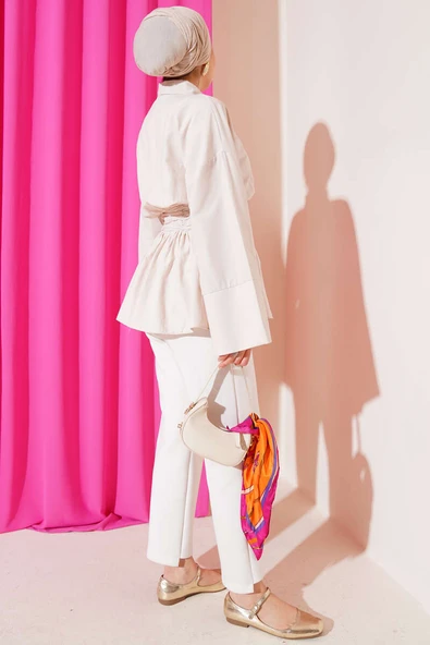 Kuşak Büzgülü Yarım Düğmeli Tunik Bej - Resim 3