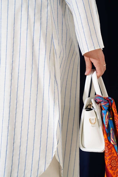 Asimetrik Çizgili Uzun Keten Gömlek Mavi - Resim 4