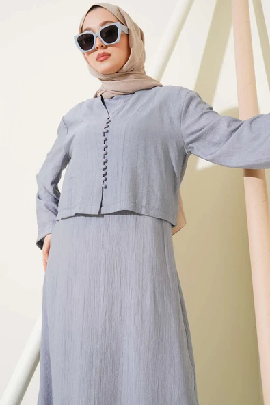 Brit Düğmeli Bluzlu Jile İkili Takım Gri - Resim 2