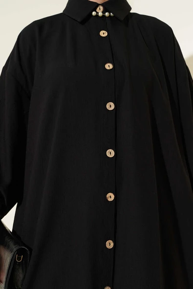 Tahta Düğmeli Uzun Tunik Siyah - Resim 4