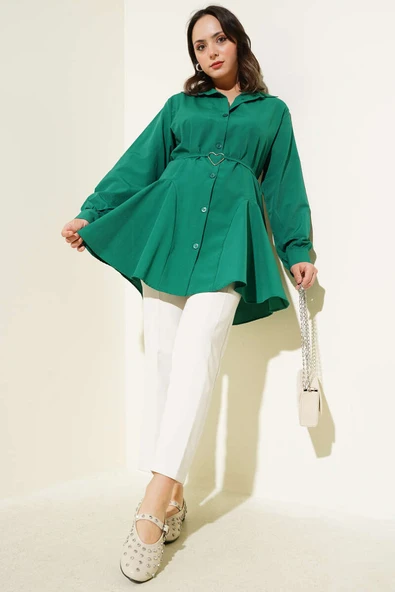 Kalp Tokalı Kuşaklı Gömlek Zümrüt - Resim 2