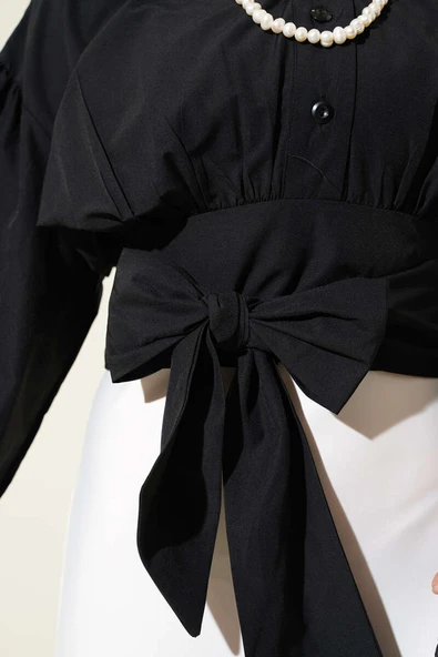 Yarım Düğmeli Bağlamalı Kısa Gömlek Siyah - Resim 4