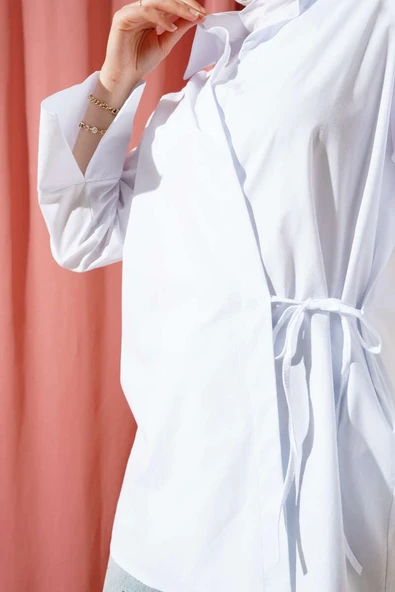 Yanı İp Bağlamalı Kimono Beyaz - 4