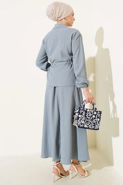 Cep Kapaklı Bel Tünelli Etekli Bürümcük Takım Gri - Resim 3