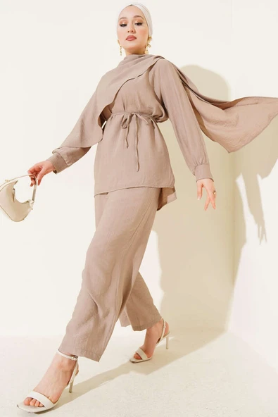 Pelerin Detaylı Tunik İkili Takım Vizon ürün görseli 1