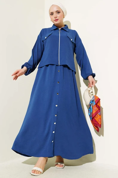 Düğme Detaylı Fermuarlı Ayrobin Jile İkili Takım İndigo ürün görseli 1