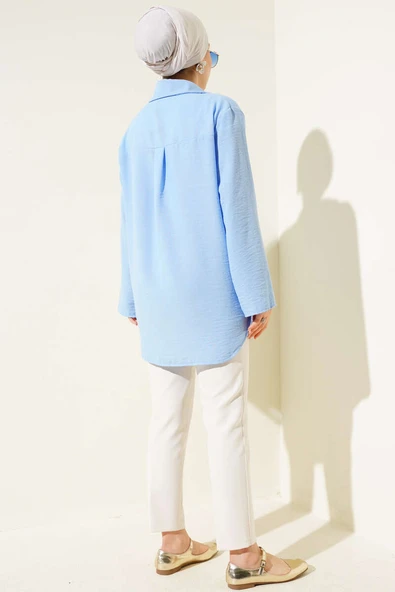 Önü Bağlama Detaylı Keten Kimono Mavi - Resim 3