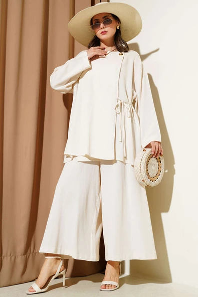 Yanı İp Bağcıklı Salaş İkili Takım Bej ürün görseli 1