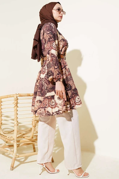 Etnik Desenli Kemerli Tunik İkili Takım Kahve - Resim 3