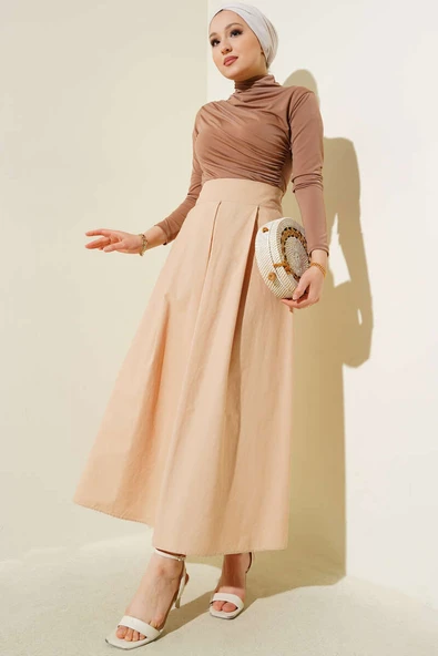 Geniş Pileli Cepli Etek Camel - 2