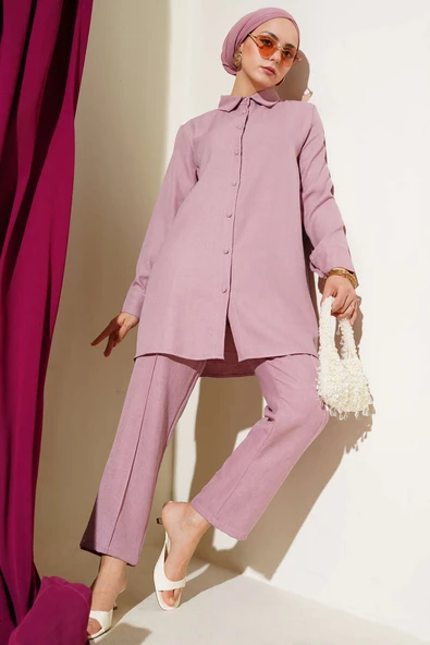 Top Düğmeli Keten İkili Takım Pudra ürün görseli 1
