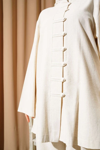 Brit Düğmeli Keten Tunik İkili Takım Bej - Resim 4