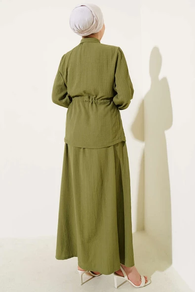 Çıtçıt Düğmeli Bel Tünelli Etekli İkili Takım Haki - Resim 3