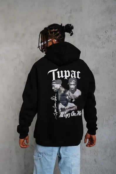 Erkek Oversize Üç İplik Kapüşonlu Sweat – Siyah Kol ve Etek Ribana Detaylı, Ön ve Sırt Baskılı, Kanguru Cepli Rahat Kalı - Resim 3