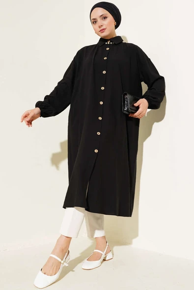 Tahta Düğmeli Uzun Tunik Siyah ürün görseli 1
