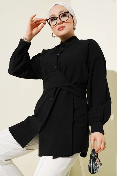 Belden Kuşak Bağlamalı Gömlek Siyah ürün görseli 1