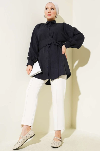 Kendinden Geniş Kuşaklı Gömlek Lacivert - Resim 2