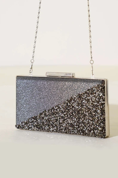 Çapraz Taşlı Dikdörtgen Abiye Çanta Füme ürün görseli