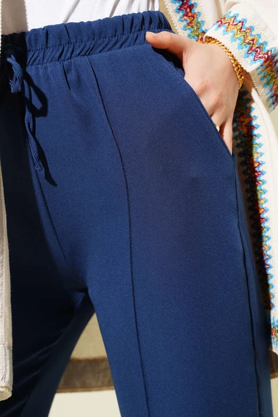 Bel Lastikli Çımalı Bol Paça Pantolon Indıgo - Resim 4