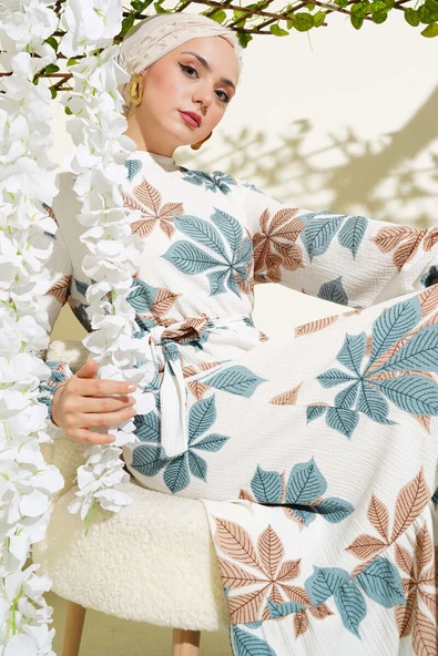 Yaprak Desen Bel Lastikli Bürümcük Elbise Mint ürün görseli 1