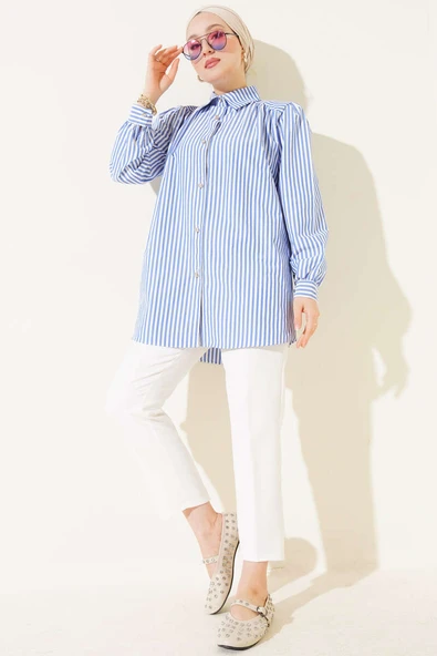 Omuz Büzgülü Çizgili Gömlek Mavi - Resim 2