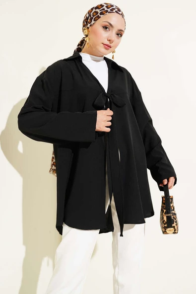 Klasik Yaka Bağlamalı Kimono Siyah ürün görseli 1