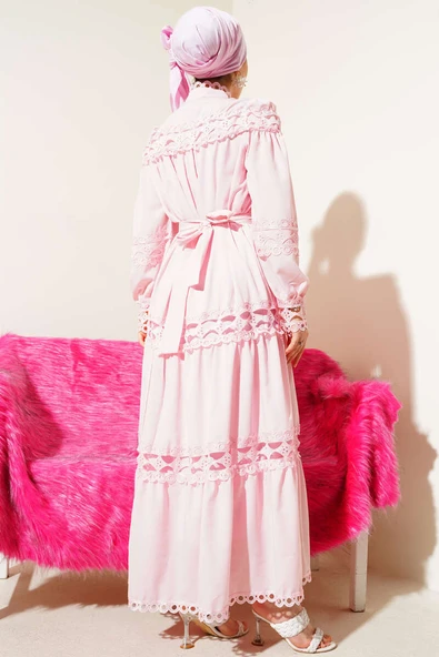 Güpürlü Boydan Düğmeli Elbise Pembe - Resim 3