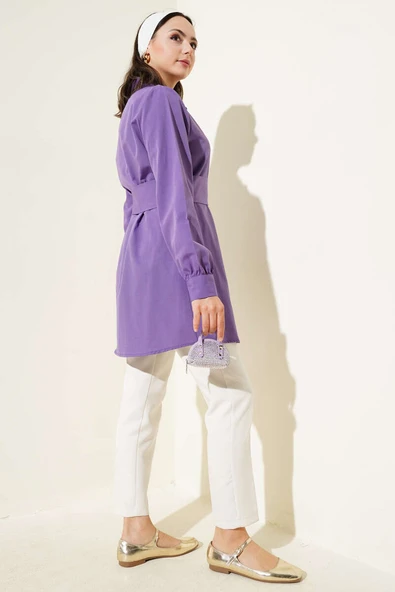 Gizli Düğmeli Kendinden Kuşaklı Gömlek Lila - Resim 3