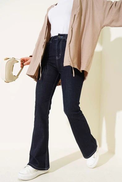 Dikişli İspanyol Paça Kot Pantolon Lacivert ürün görseli 1