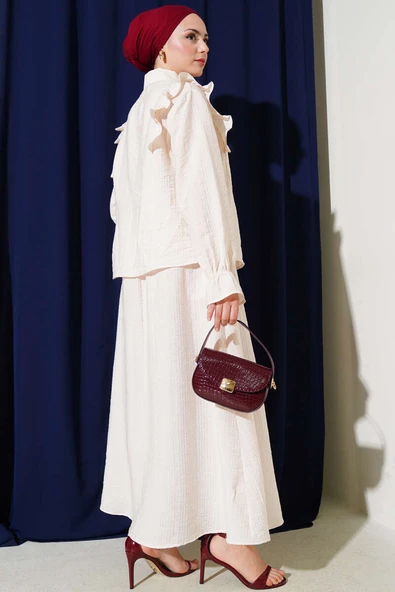 Omuz Fırfırlı Etekli İkili Takım Bej - Resim 3