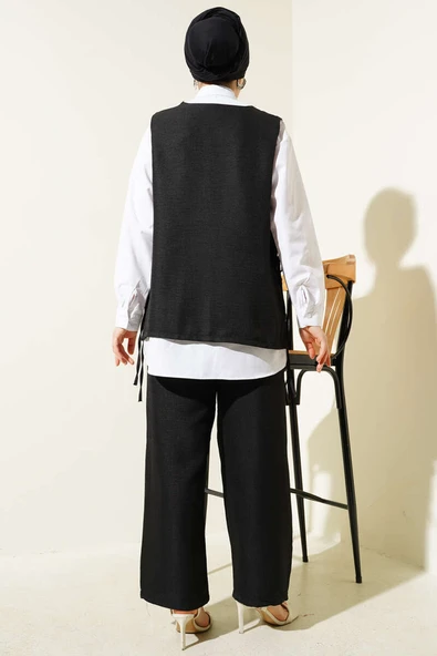 Yan İpli Yelekli Üçlü Takım Siyah - Resim 3