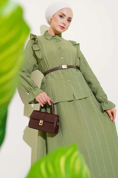 Omuz Fırfırlı Etekli İkili Takım Çağla Yeşili - Resim 2