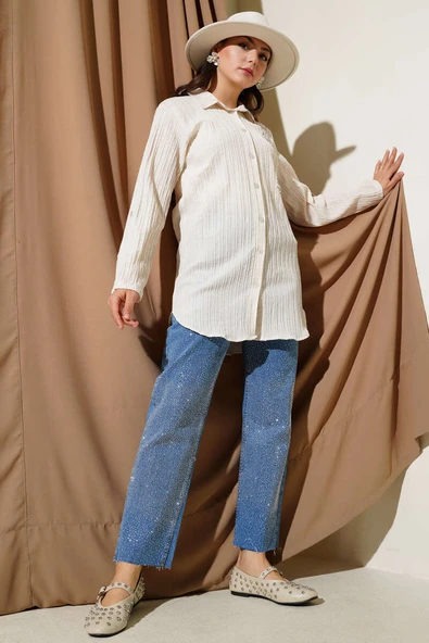 Önü İncili Kabartma Çizgili Gömlek Ekru - Resim 2