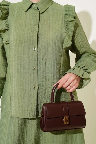 Omuz Fırfırlı Etekli İkili Takım Çağla Yeşili - Resim 4