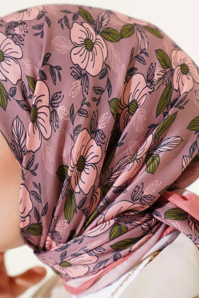 Çiçek Desenli Şeritli Eşarp Somon - Resim 4