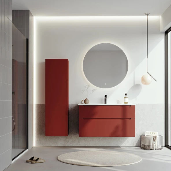 Orka Messina 100 cm Tuscan Kırmızı LED Banyo Dolabı Takımı ve Boy Dolabı - Resim 2