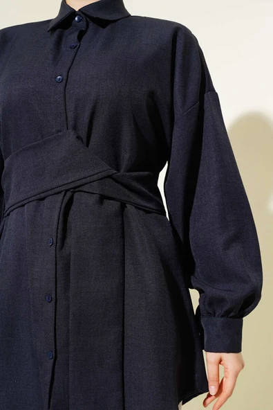 Kendinden Geniş Kuşaklı Gömlek Lacivert - Resim 4