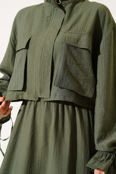 Göğüs Cepli Fermuarlı Etekli İkili Takım Haki - Resim 4